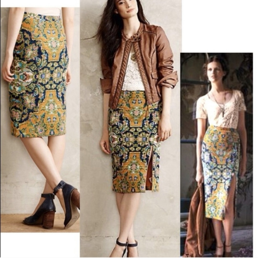Maeve anthropologie Orange, Blue Tapestry Pencil Skirt Size M